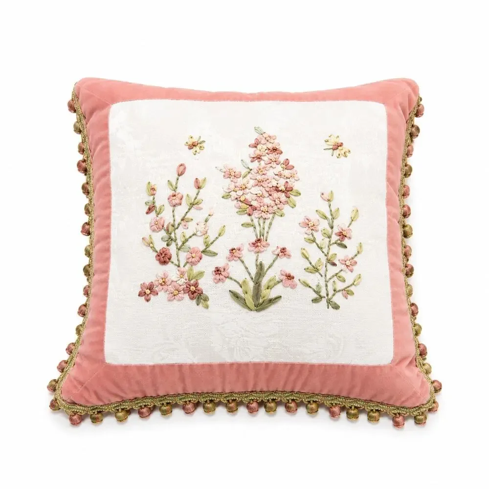 Botanical Embroidered Accent Pillow Pink Velvet Tassel Fringe